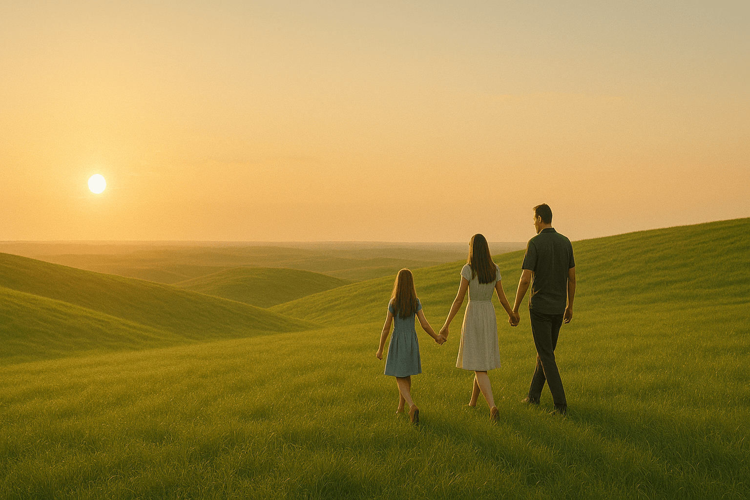 Family walking in a field